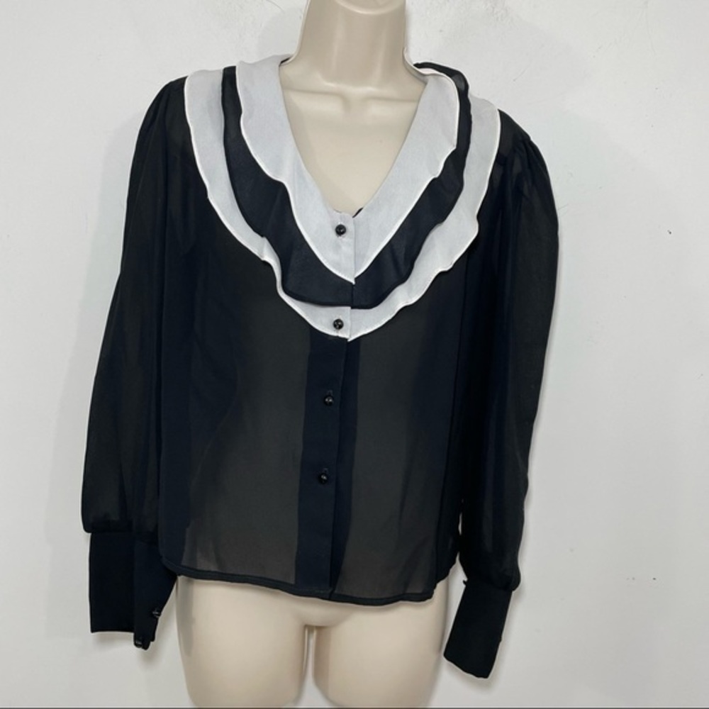 Vintage Picasso sheer ruffle trim blouse top black white size small